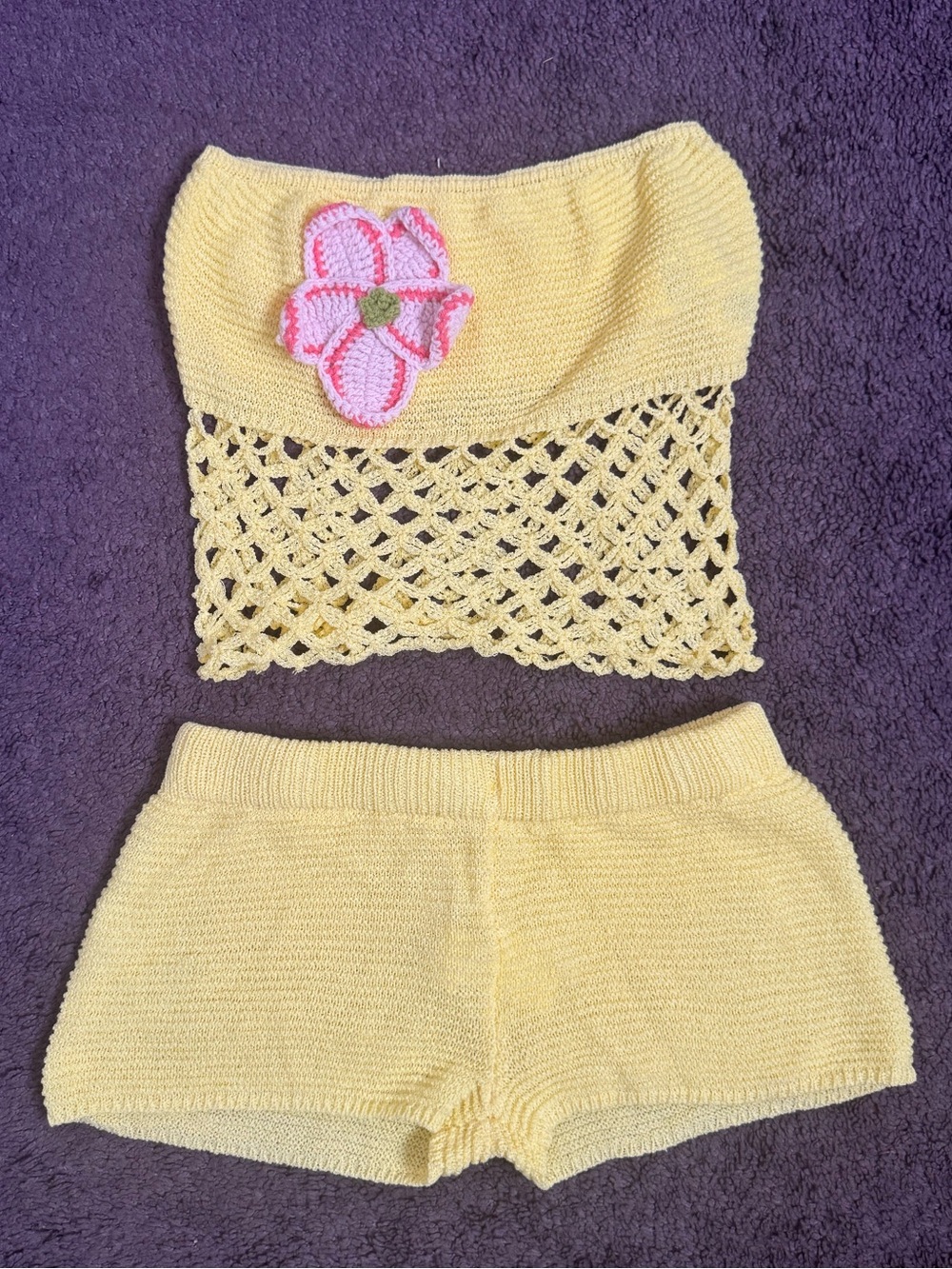 Yellow Crochet Knit Beach Booty Shorts Cover Up Set